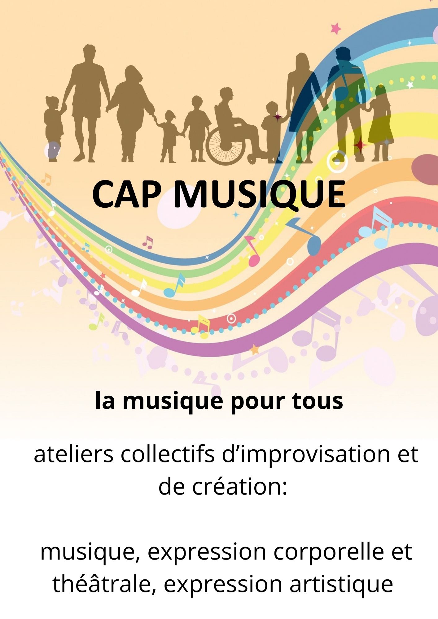 affiche pour les ateliers Cap Musique pour tous avec personnages de tous les âges, avec et sans handicaps et notes de musique